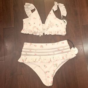 Tularosa high waist floral bikini with ruffle detail. Size M. New w/ tags.